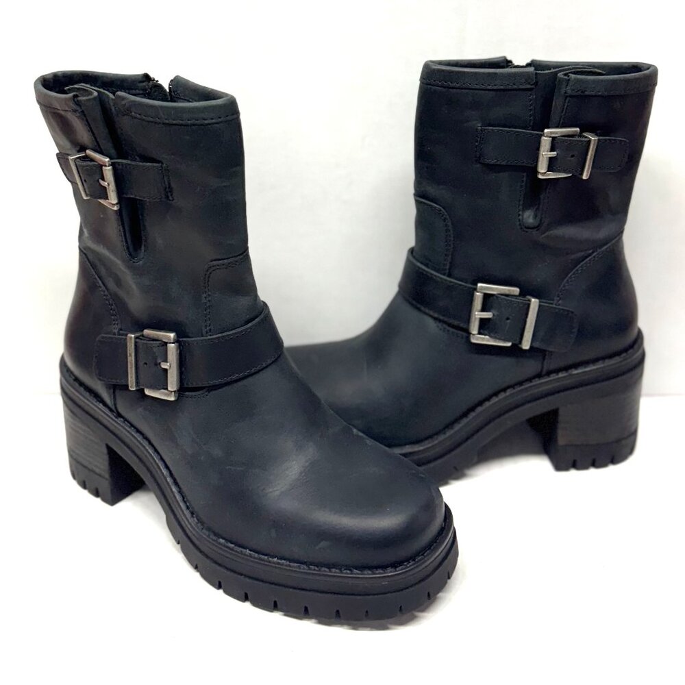 MIZ MOOZ LEATHER BUCKLE ANKLE BOOTS SIDE ZIP BLACK 37EU / 7US # Z-22
